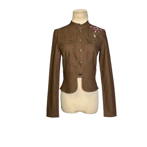 CELL brown floral embroidered denim jacket size S - Picture 12 of 16
